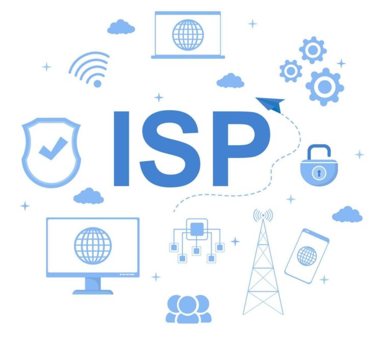 isp-or-internet-service-provider-cartoon-illustration-with-keywords-and-icons-for-intranet-access-secure-network-connection-and-privacy-protection-vector